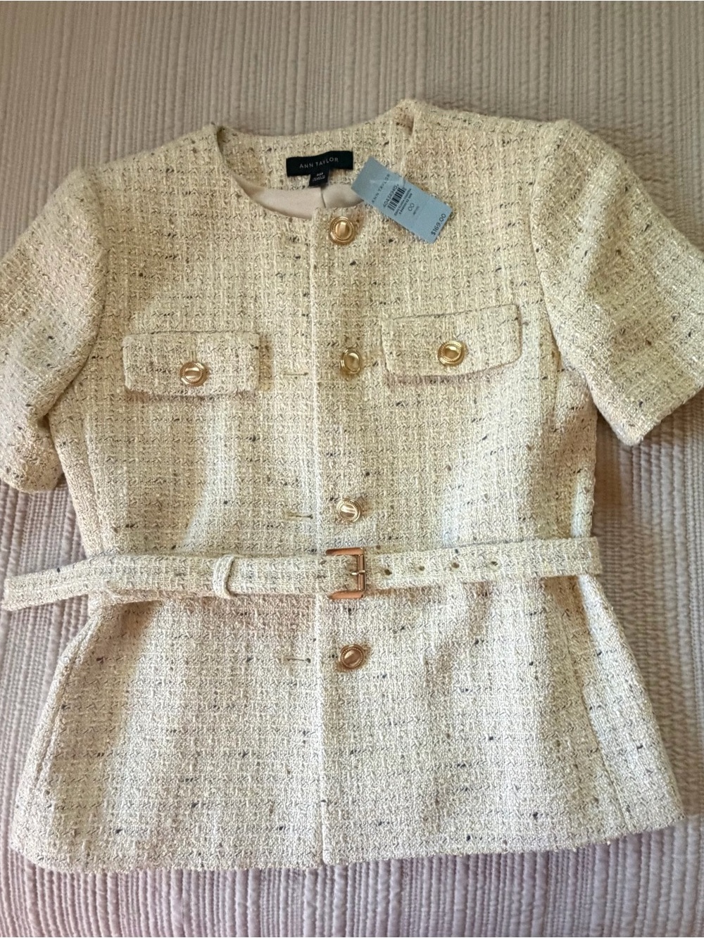 Ann Taylor PETITE 00 Butter Yellow Tweed Belted Short-Sleeve Blazer